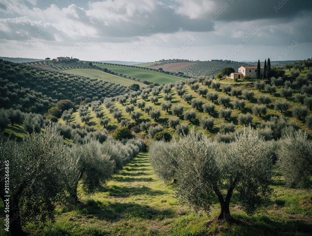 Fototapeta premium Rolling hills in Apulia with vast olive groves under cloudy sky. Traditional Italian villa sits atop hill, surrounded by cypress trees. Green fields contrast with grey sky creating serene landscape.