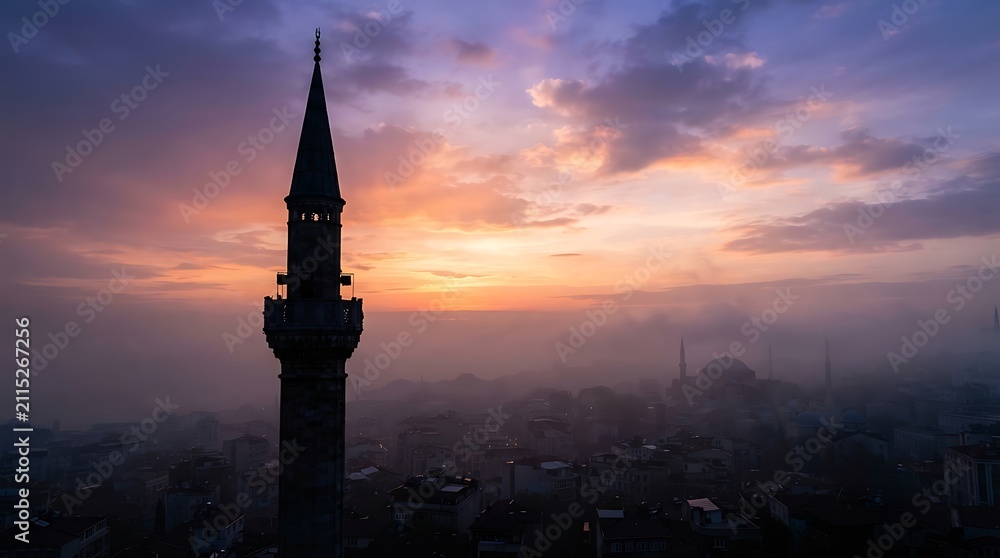 Obraz premium Historic European Church Tower and Cathedral Steeple Silhouette at Sunset with Dramatic Clouds Over the City Skyline