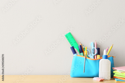 School supplies in a blue p...