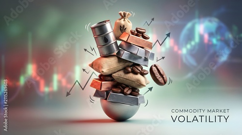 Commodity market volatility with stacked commodities and financial chart.