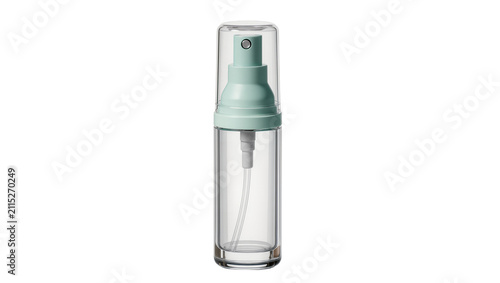 Bild auf Leinwand Isolated clear plastic cosmetic spray bottle with mint green cap and pump mechan