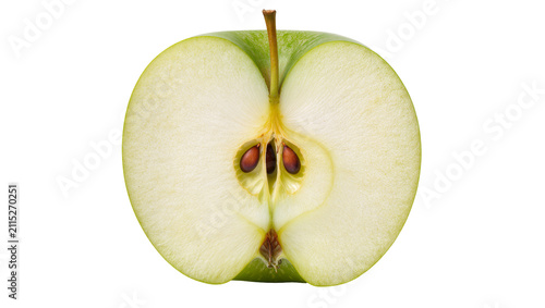 Isolated fresh green apple cut in half revealing the inner core structure and brown seeds