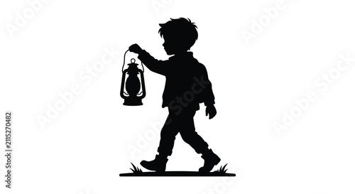 Foto A silhouette illustration of a young boy walking while carrying a vintage oil la