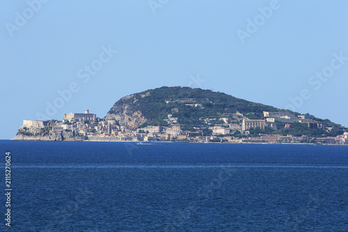 Panoramic view of the historic town of Gaeta and its medieval castle from the sea, Lazio, Italy