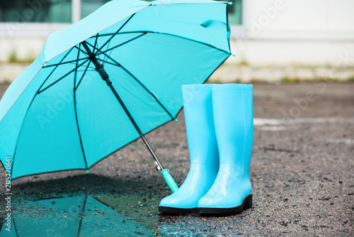 Bright blue umbrella with g...