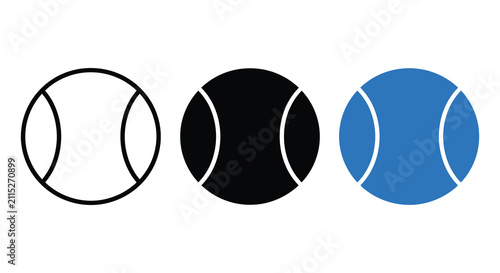 Set of three tennis ball icons with outline solid black and blue color variations for sports design