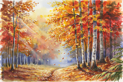 Watercolor painting of a sunlit autumn forest with tall birch trees and golden leaves falling through the air on a crisp fall afternoon