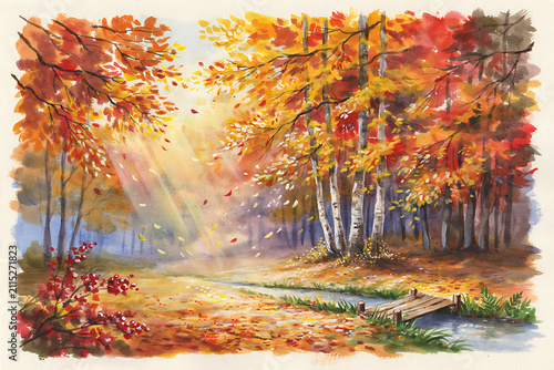 Watercolor of a peaceful autumn woodland scene with a small wooden bridge crossing a stream and golden leaves falling in sunlight