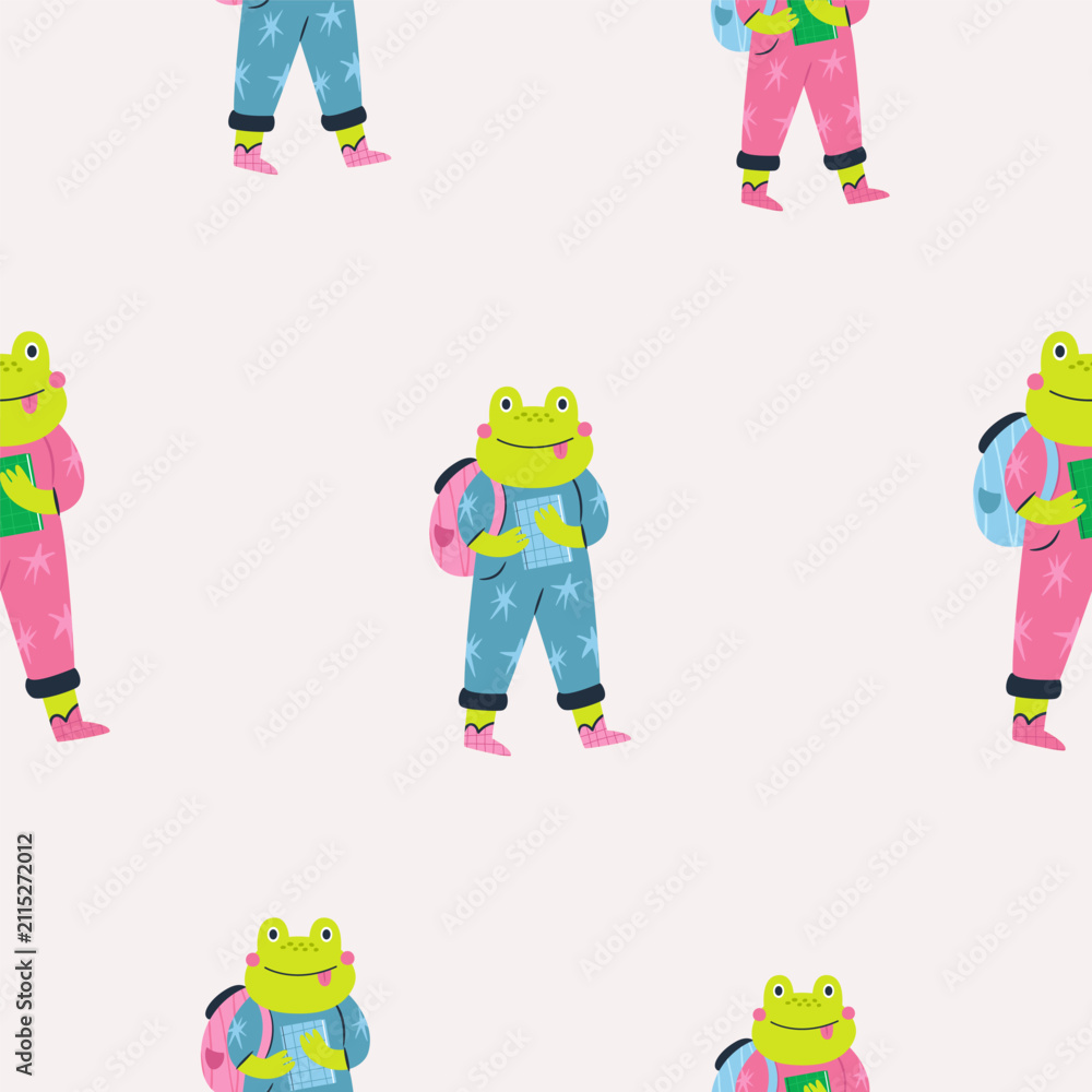 Fototapeta premium Seamless pattern with cute frog students with backpacks and overalls.