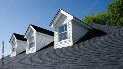Three white gabled dormer windows on a dark shingled roof under a clear blue sky. Home renovation and residential.