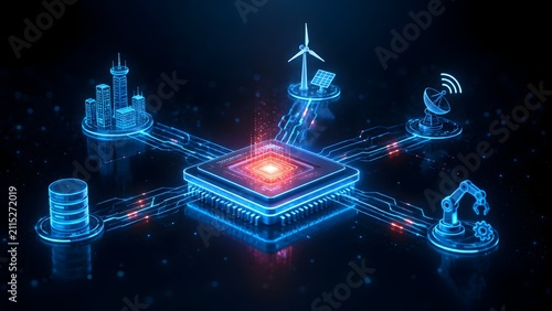Futuristic microchip processing central data for smart city renewable energy automation and satellite communication networks on dark circuit board.