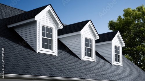 Three white dormer windows on a dark shingled roof under a clear sky. Ideal for home construction or renovation.