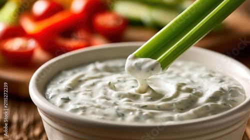 Celery stick dipped in creamy herb dip bowl. Fresh vegetable snack for healthy eating and party food marketing concept.