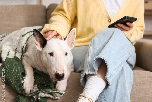 Canvas Print Young woman using mobile phone and cute Bull Terrier dog with warm plaid on sofa