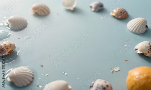 Seashells on a Table with Water Drops