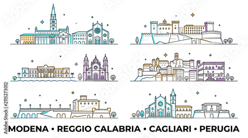 Italian city skyline panorama set in colorful gradient line art vector illustration featuring Modena, Reggio Calabria, Cagliari and Perugia