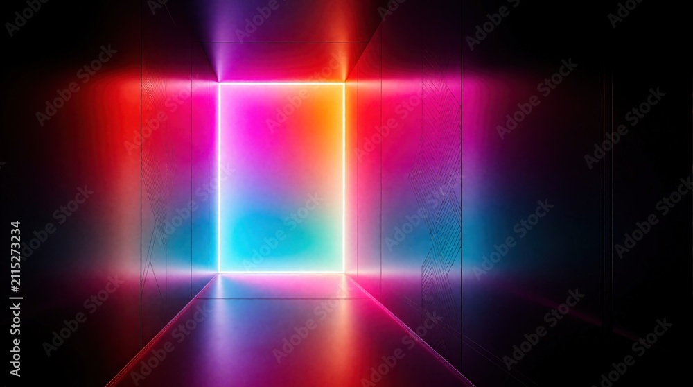 Fototapeta premium Abstract hallway features glowing neon rectangular portal. Bright pink, blue light illuminate dark corridor space. Futuristic tunnel creates visual path towards digital exit. Modern geometric