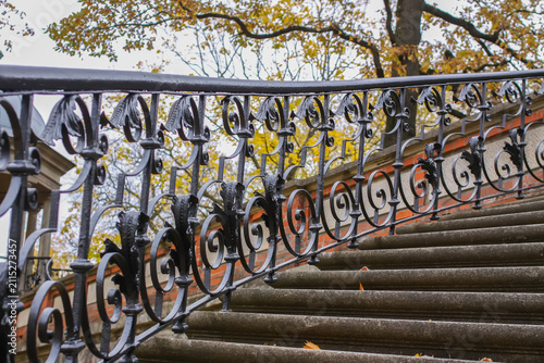 An old stone staircase in a park is bordered by black wrought-iron balustrades with floral motifs and covered with yellow autumn leaves.