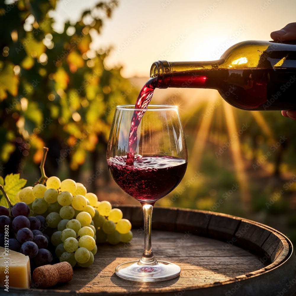 Obraz premium Red wine pours from bottle into glass on wooden barrel. Fresh green grapes, cheese piece sit nearby at vineyard. Sun flare shines in background during golden hour. Person fills stemware with