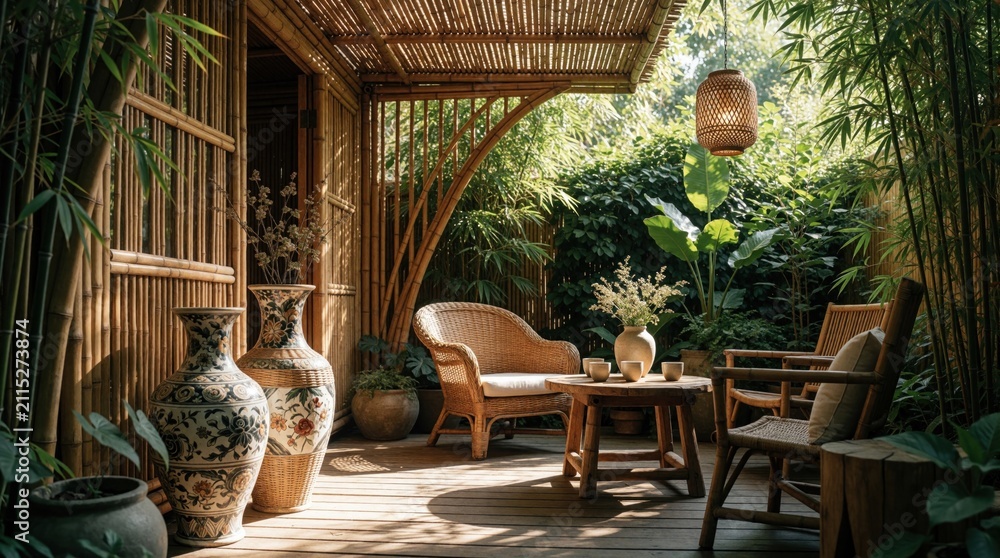 Obraz premium Peaceful bamboo terrace features wooden furniture, wicker chairs on sunny patio. Ornate ceramic vases stand near rich plants. Relaxing garden area provides zen atmosphere for spa resort travel.