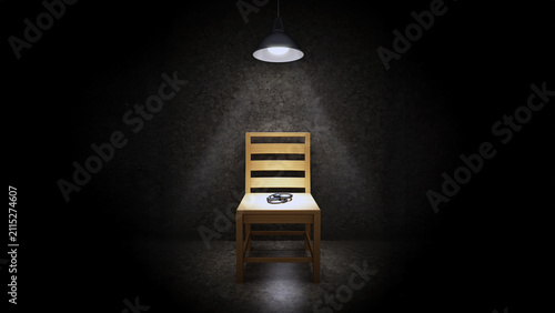 Interrogation room with one wooden chair illuminated with spotlight and handcuffs. 3D illustration