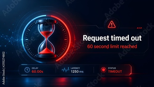 Digital dashboard interface showing a glowing red hourglass and warning alert for a 60 second request timeout error.