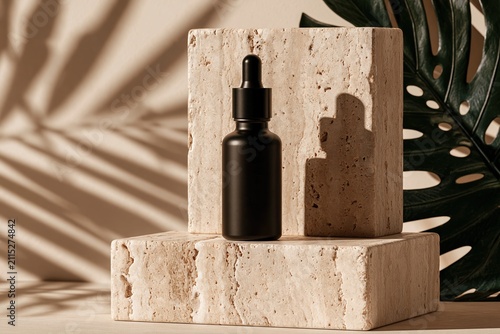 Skin serum bottle displayed on travertine stone with tropical leaf shadows in a minimalist setting