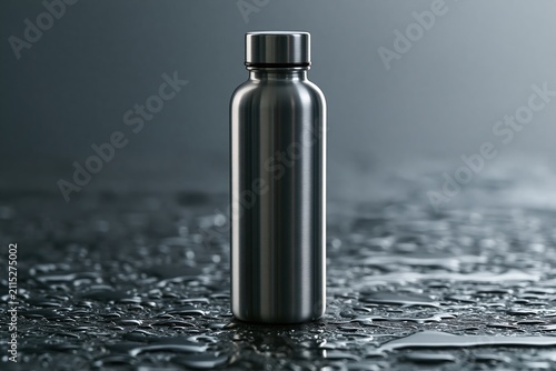 Minimalist aluminum water bottle on reflective surface with water droplets