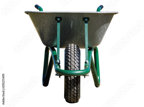 Fotografie Isolated green wheelbarrow with one wheel, garden tool for construction and farm