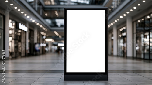 Blank vertical billboard in blurred shopping mall with bright lighting. Perfect for advertising mockup.