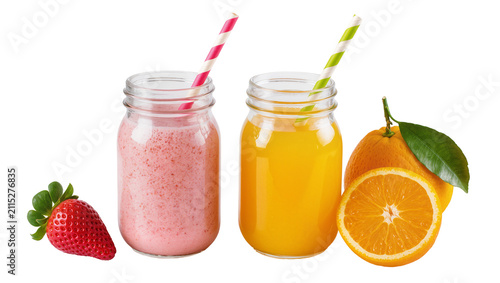 Canvas Print Isolated two refreshing fruit smoothies and juices in jars with strawberries and