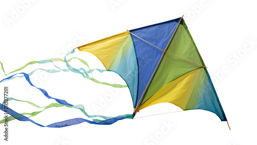Isolated colorful gradient kite with flowing ribbons for outdoor fun and summer activities