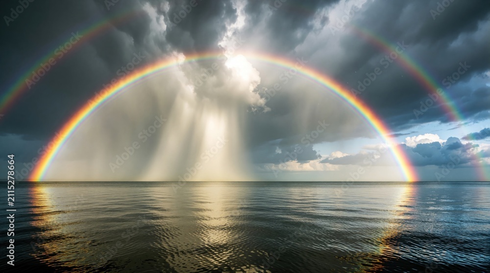 Obraz premium Double rainbow arcs over calm ocean water during rainstorm. Bright sunlight rays burst through dark storm clouds above sea horizon. Natural weather phenomenon features vibrant color spectrum across
