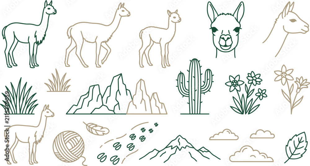 Obraz premium Vicuna and alpaca icon set. Andean animal collection with mountain landscape and nature elements.