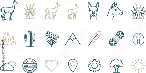 Vicuna animal icon set. Andean wildlife and nature vector symbols for travel design.