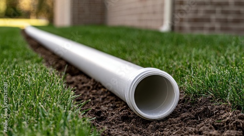A white PVC pipe sits in a trench on a lawn for drainage. Useful for irrigation, construction, and home improvement.