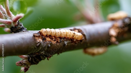 Caterpillar larva burrowing into a tree branch, damaging the wood and foliage, illustrating an agricultural pest problem and the need for insect control impacting crops