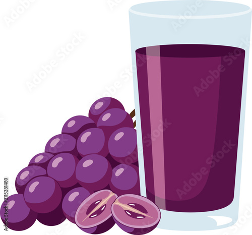Refreshing glass of dark purple grape juice beside a bunch of whole and sliced grapes, perfect for beverage menus, healthy drink campaigns, packaging designs, and nutrition graphics