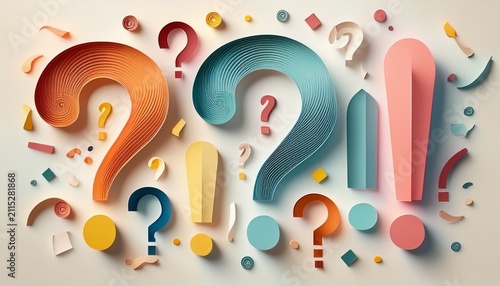 pastel paper cutout question marks and exclamation points on white background