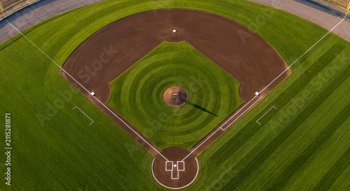 Aerial Drone View of Empty Baseball Diamond Field with Manicured Grass Patterns