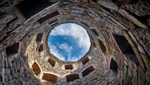 dramatic low angle shot looking up from the bottom of a deep stone well