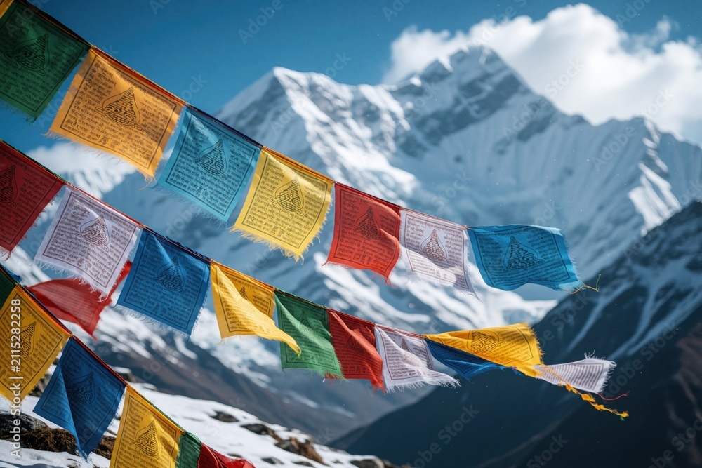 Obraz premium Colorful prayer flags wave in windy Himalaya mountains against snowy peaks and blue sky. Buddhist spiritual symbols adorn fabric, offering blessings for clear weather and safe journeys.