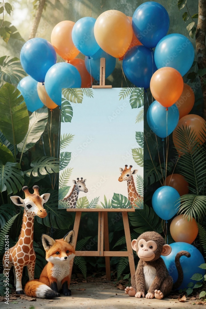 Fototapeta premium Blank vertical poster on wooden easel surrounded by blue orange balloons. Jungle leaves frame sign with cute giraffe illustrations. Stuffed toy animals fox monkey giraffe sit on ground. Festive party