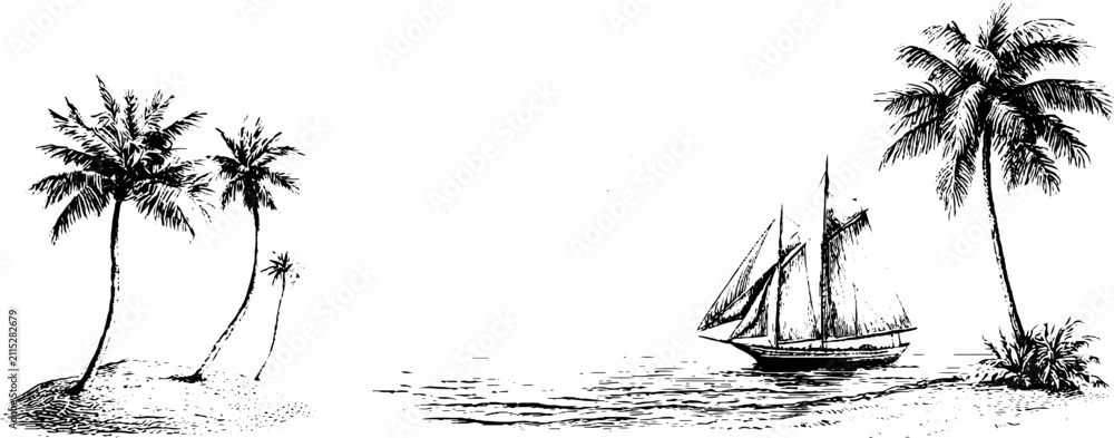 Obraz premium Hand drawn palm cluster and sailing schooner beside rippled sea sketch with island shore for summer background and nautical design elements