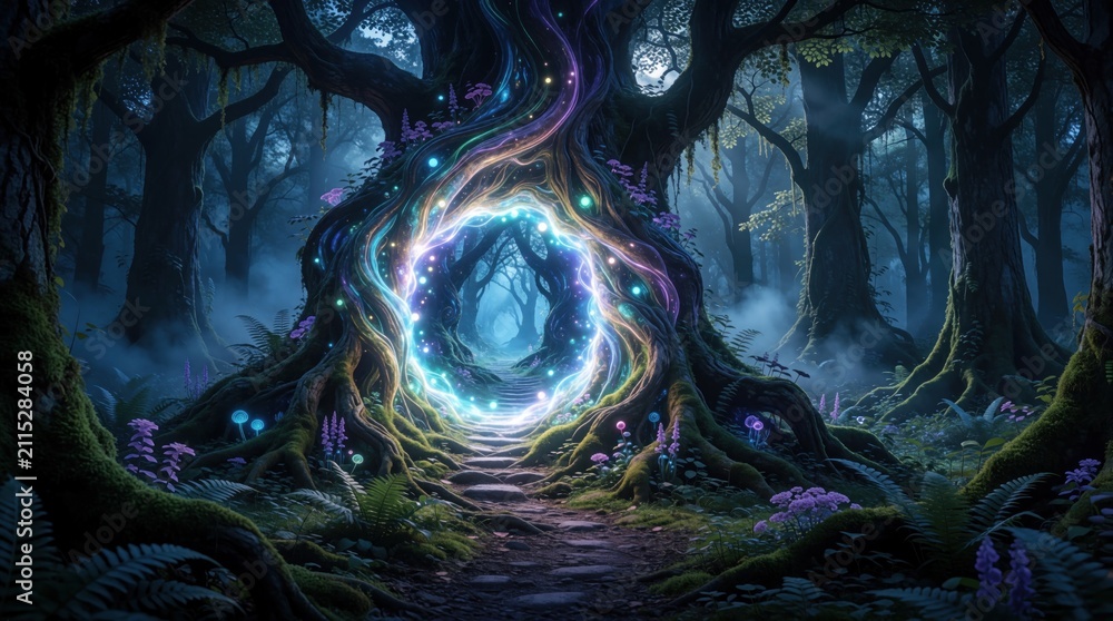 Fototapeta premium Mystical glowing portal opens inside ancient enchanted tree in dark forest. Swirling magical energy light shines through luminous gateway. Surreal fantasy landscape with mossy ground, colorful