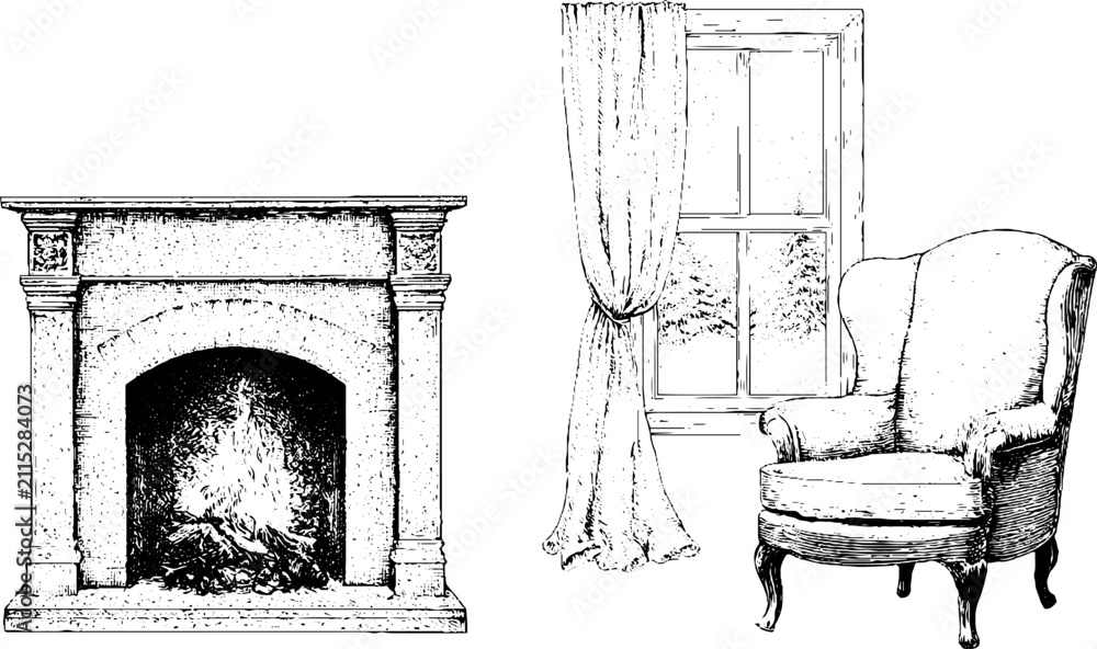 Obraz premium Vintage engraved cozy cabin interior with fireplace window curtain and wingback chair for winter holiday room design and background