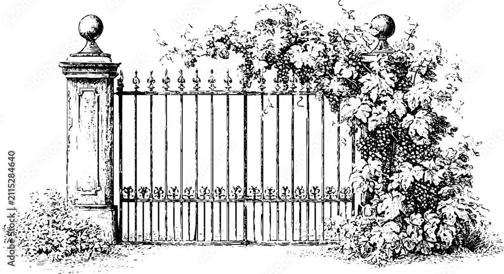 Obraz premium Wrought iron garden gate with stone pillar and climbing foliage for ornamental garden entrance background and landscape design decoration