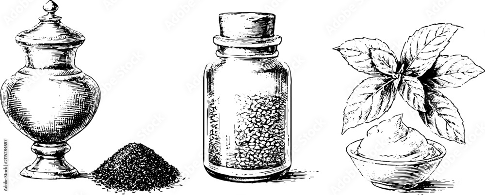 Obraz premium Hand drawn zaatar sumac and sesame bottle jar and bowl illustrations with leaves and paste for culinary label and packaging design