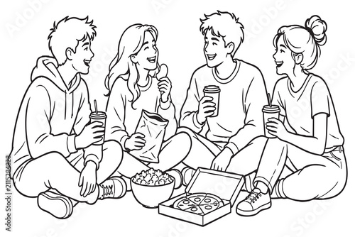Four friends enjoying snacks and drinks black line art silhouette on transparent background group people youth teenagers companions gathering social leisure relaxation snacking eating pizza
