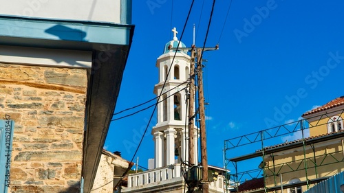 Canvastavla Vathy, Greece - July 25, 2026: View of a small church in Vathy on Samos Island,